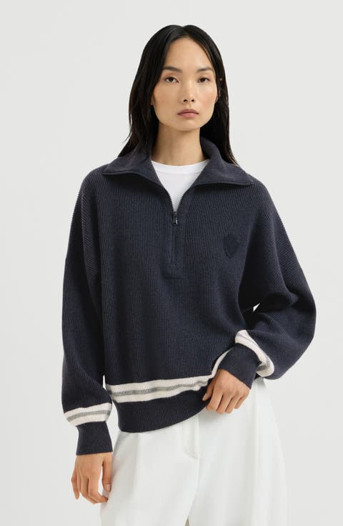 Cashmere English rib turtleneck sweater with half-zip and logo