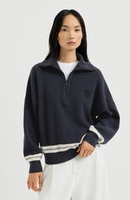 Brunello Cucinelli Cashmere English rib turtleneck sweater with half-zip and logo