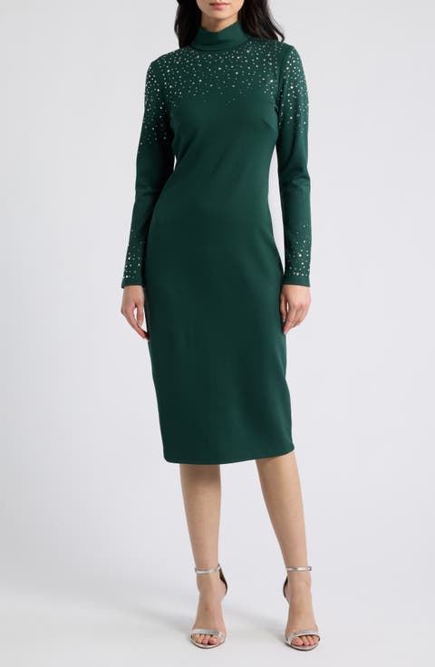 Rhinestone Embellished Mock Neck Sheath Dress