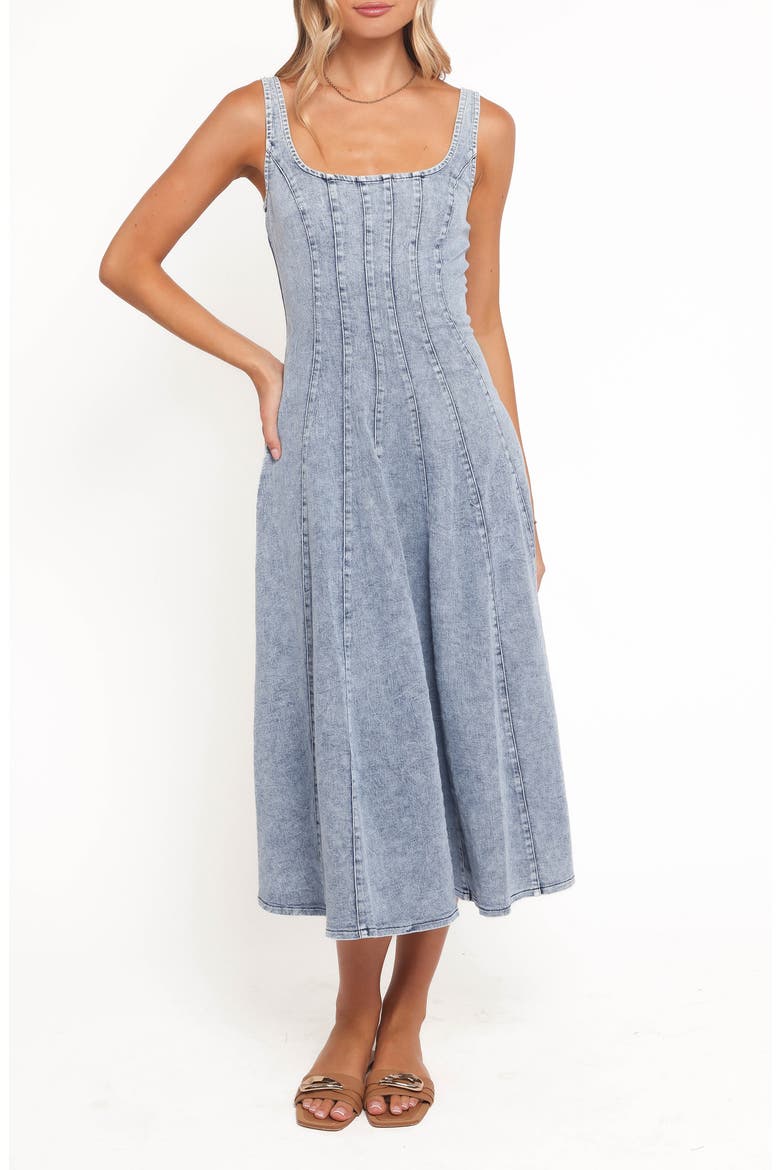 Una Fit & Flare Midi Dress, Main, color, LIGHT DENIM