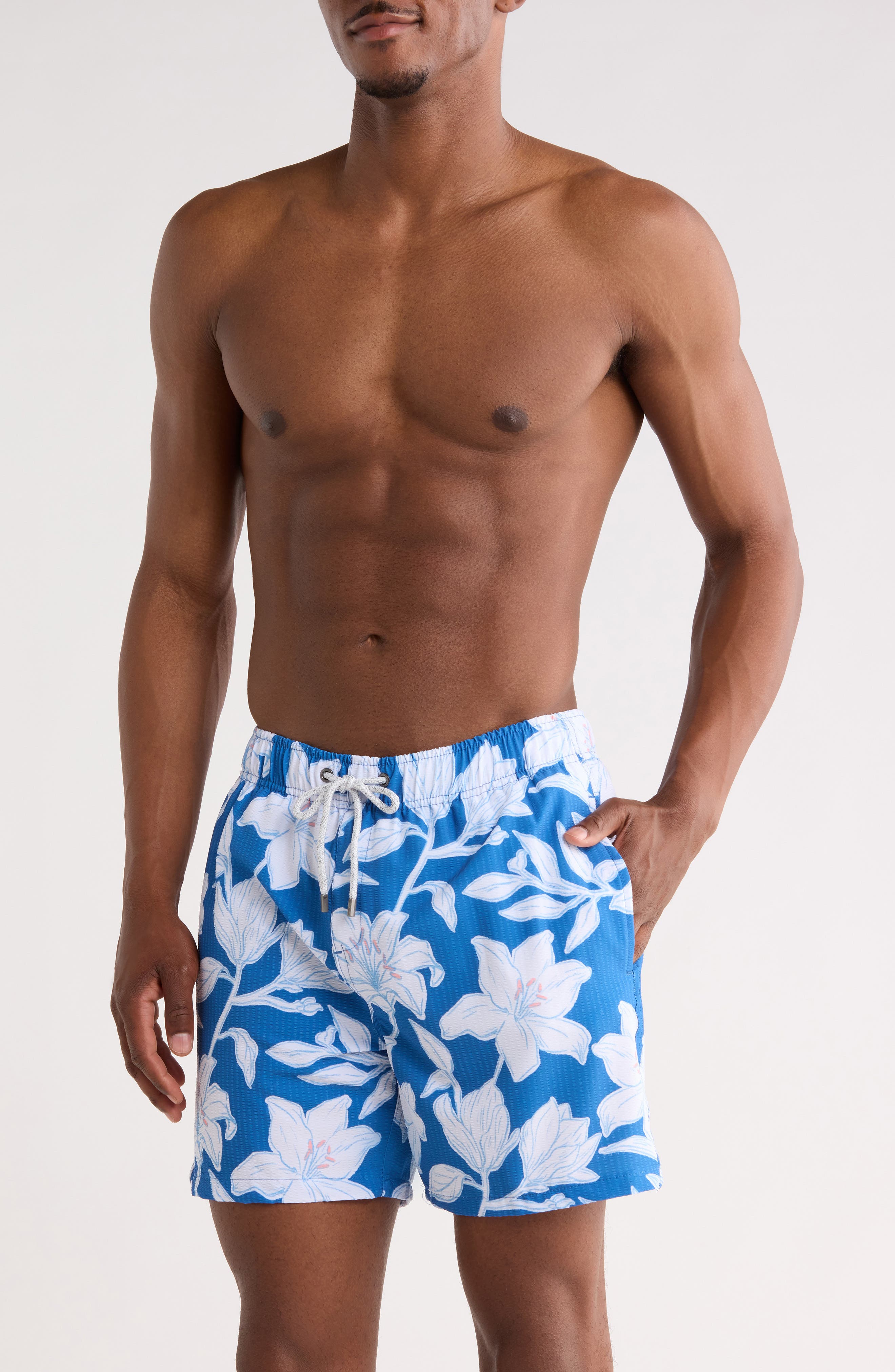 Vintage Summer Floral Seersucker Volley Swim Trunks