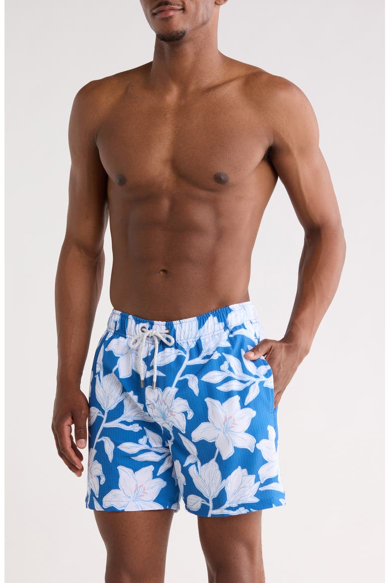Floral Seersucker Volley Swim Trunks, Main, color, NAVY