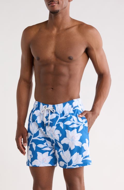Vintage Summer Floral Seersucker Volley Swim Trunks
