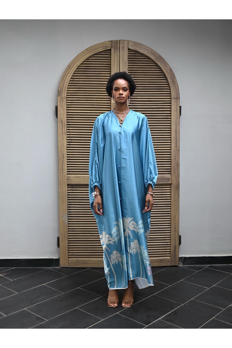 Azure Palm Print Caftan, Alternate, color, Turquoise Blue
