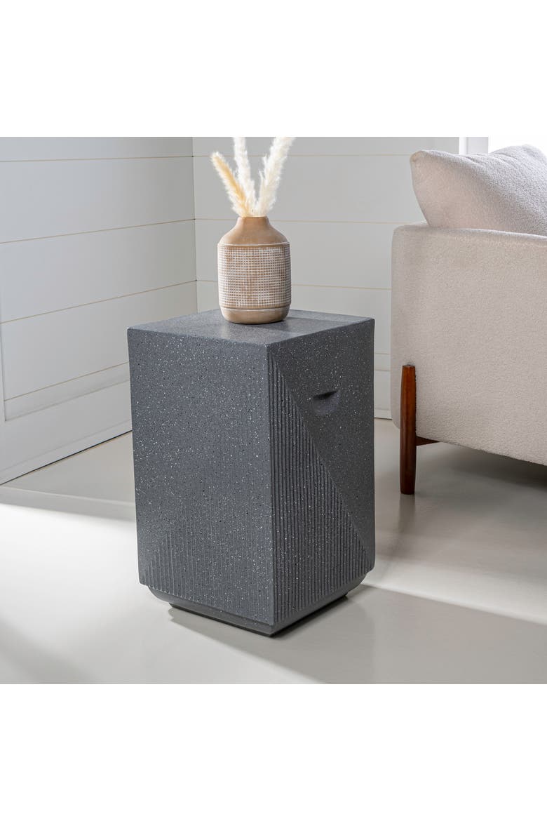Adrian Modern Durable All-Weather Polyresin Outdoor Accent Side Table & Patio Stool, Geometric Fluted, Alternate, color, Gray Terrazzo