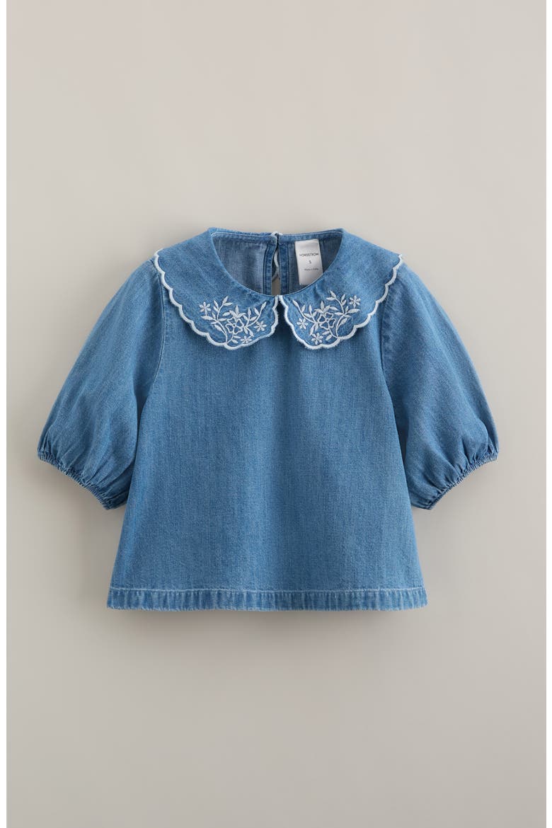 Kids' Scallop Collar Cotton Chambray Top, Main, color, MID GEM WASH