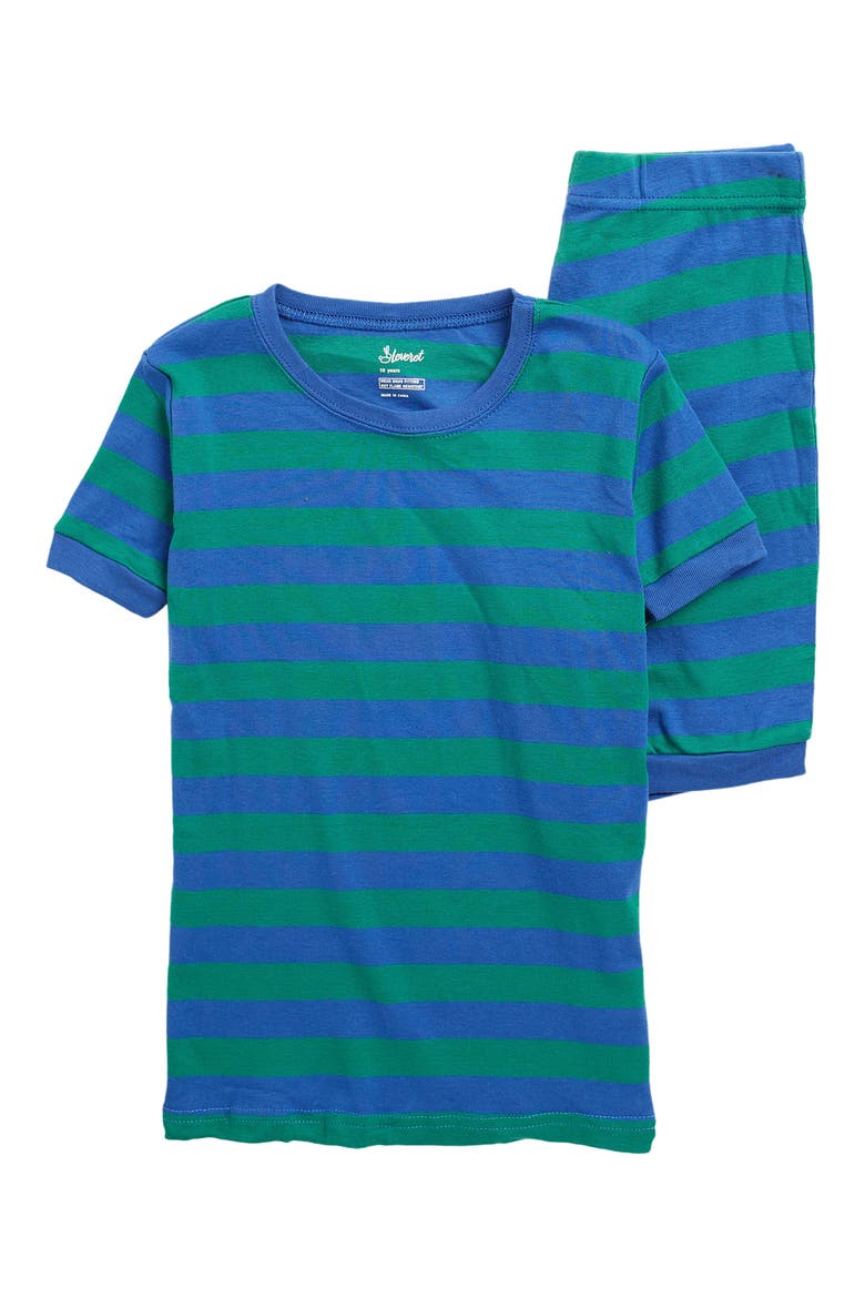 Kids Cotton Two-Piece Short Pajamas, Stripes & Solids, Main, color, BLUE/ GREEN