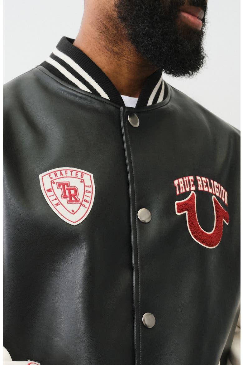 Faux Leather Varsity Jacket, Alternate, color, BLACK / WINTER WHITE