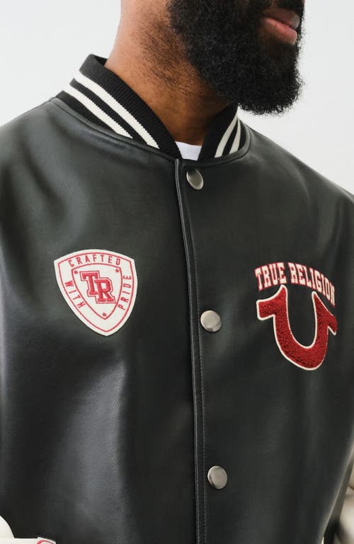 TRUE RELIGION TRUE RELIGION FAUX LEATHER VARSITY JACKET