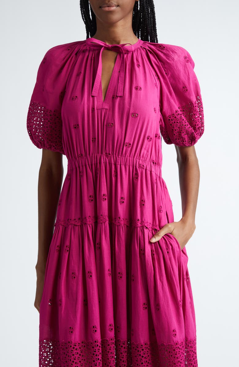 Ulla Johnson Nova Eyelet Puff Sleeve Dress, Alternate, color, Ruby