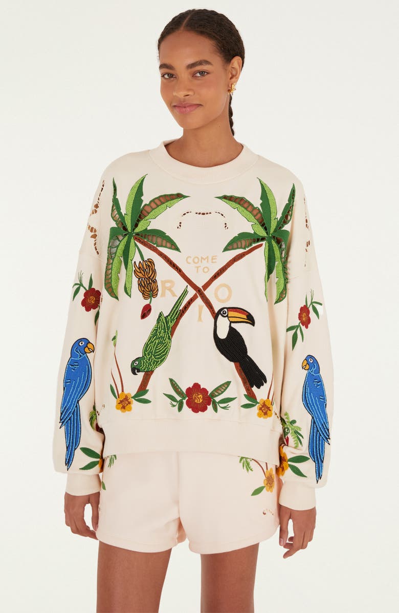 FARM Rio Coconut Trees Come To Rio Eyelet Fleece Shorts, Alternate, color, Off-White