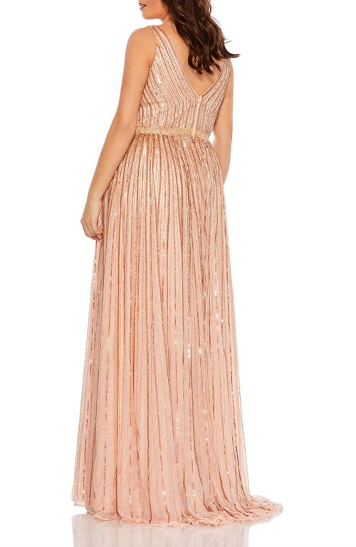 Mac Duggal Sequined Striped Sleeveless V Neck A Line Gown (plus) In Apricot