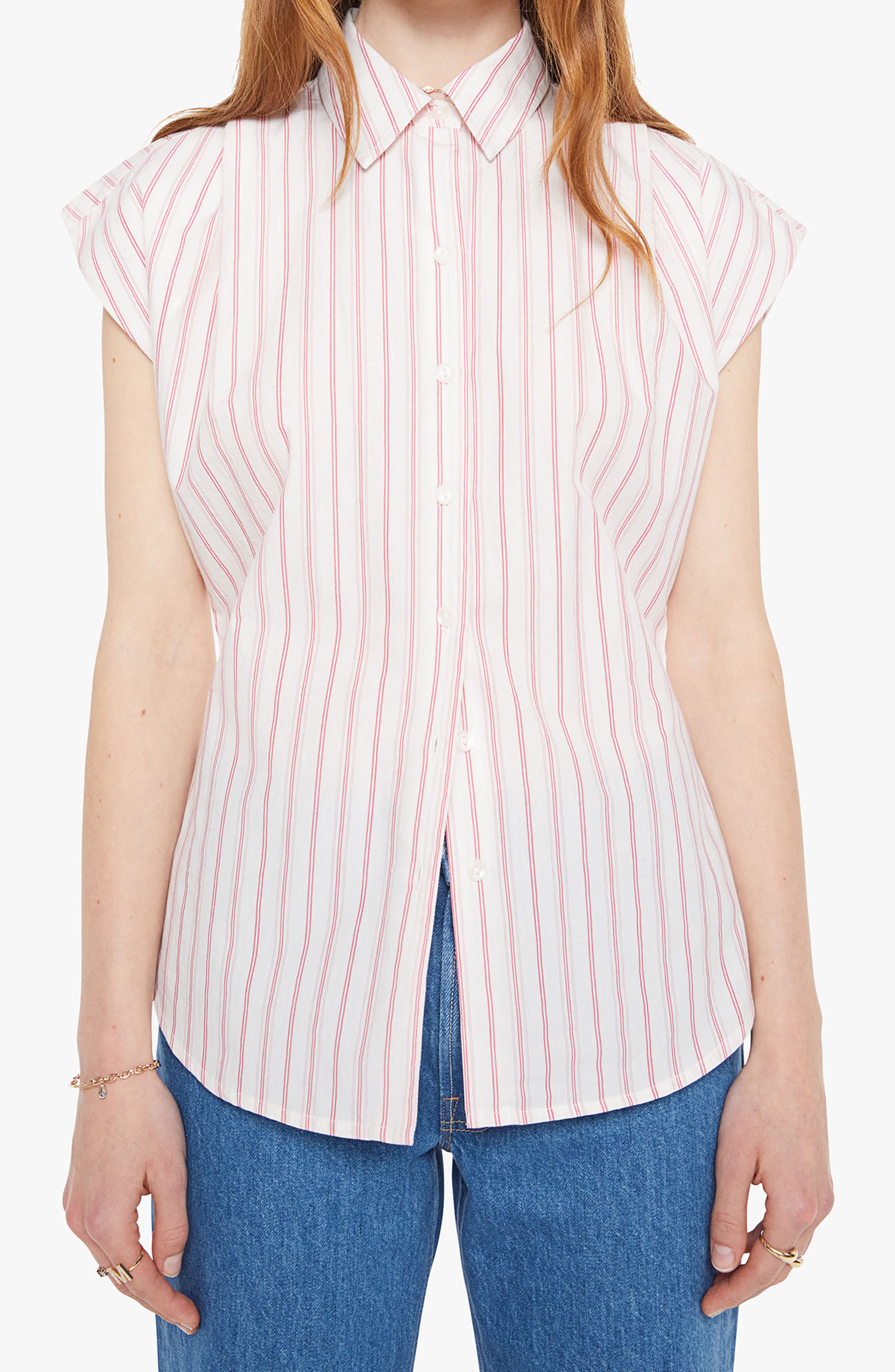 MOTHER The Cap Game Stripe Cotton Button-Up Shirt
