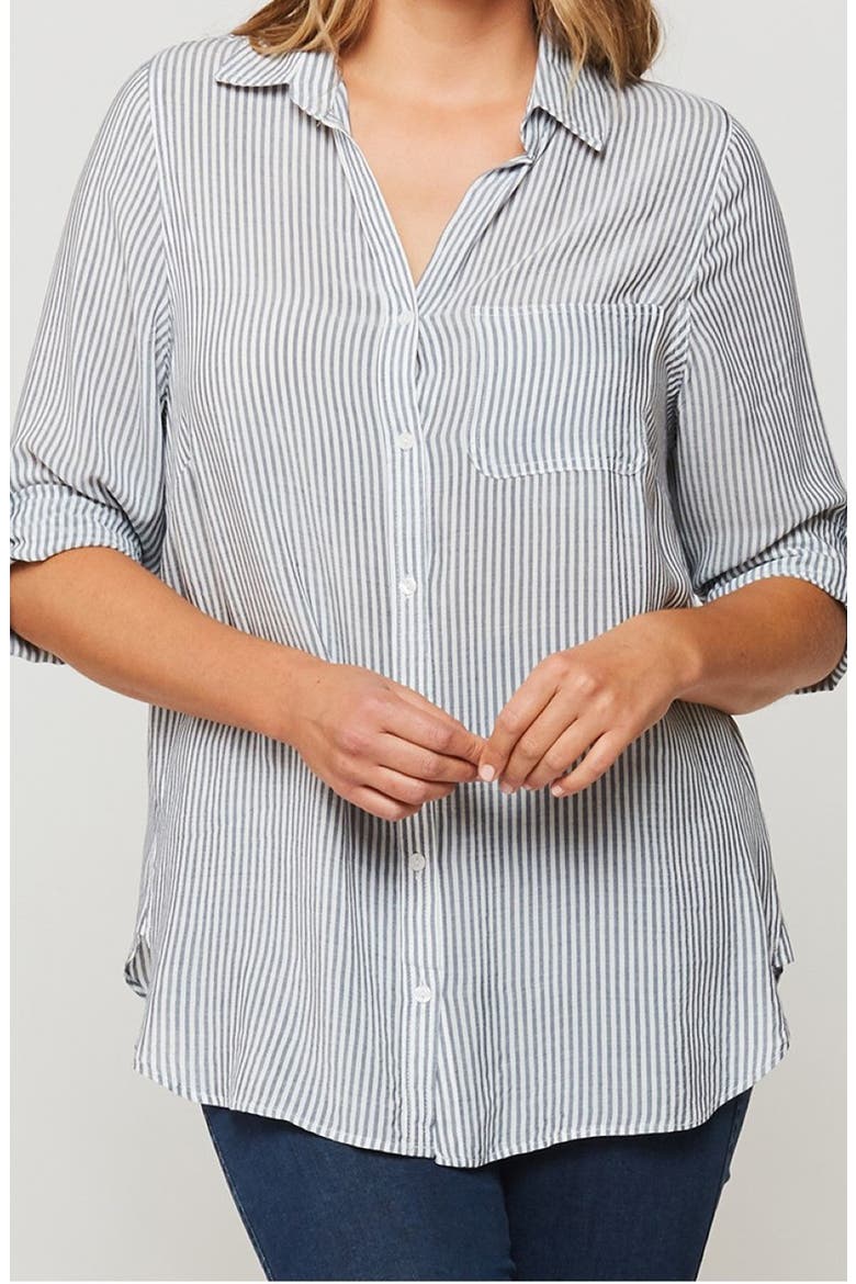 Elisa Striped Roll Sleeve Shirt, Main, color, INDIGO WHITE STRIPE