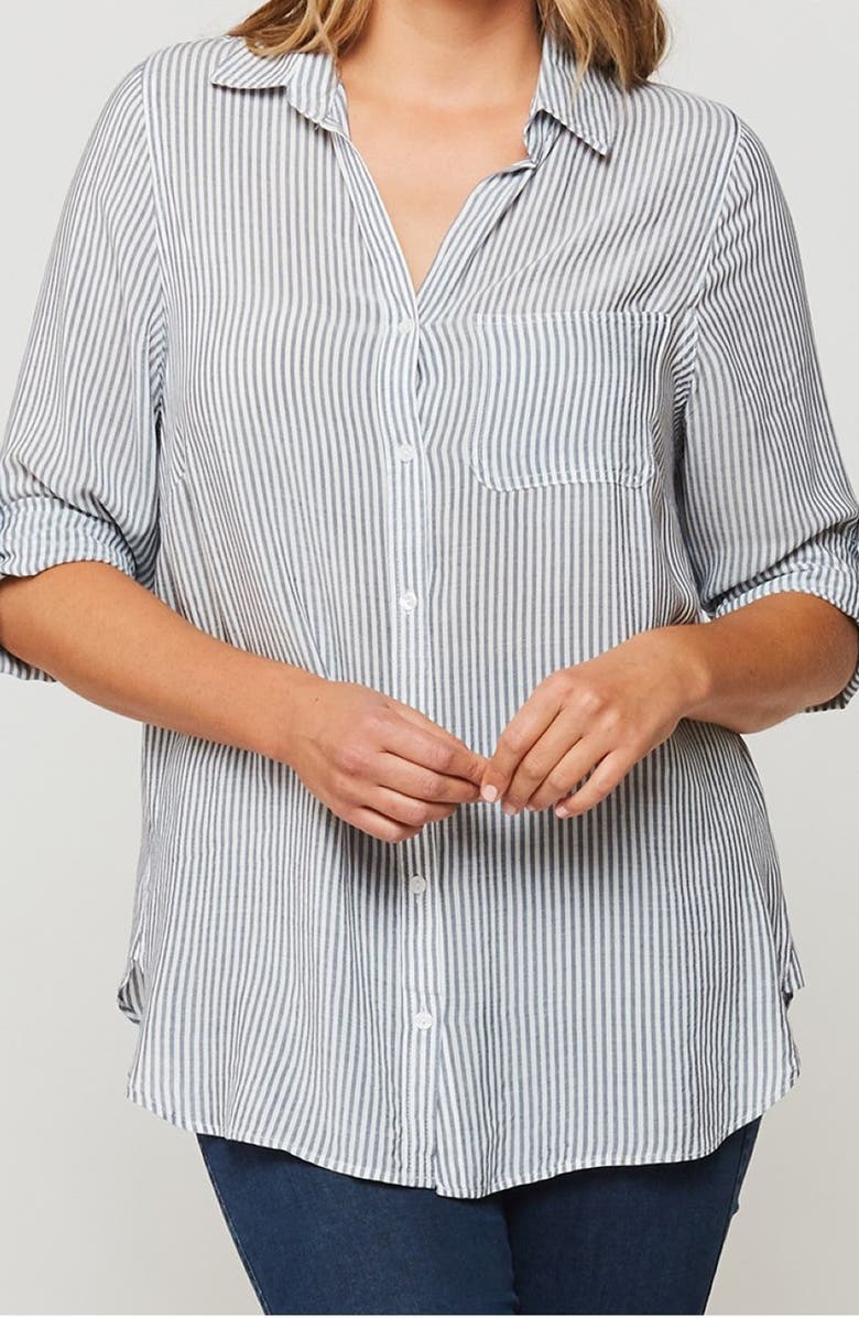 VELVET HEART Elisa Striped Roll Sleeve Shirt, Main, color, Indigo White Stripe