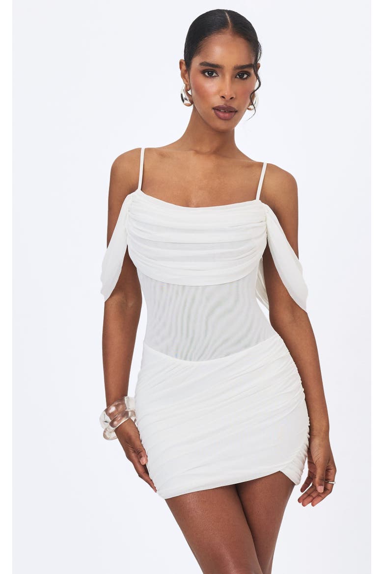 Umnia Mesh Off-Shoulder Drape Mini Dress, Main, color, White