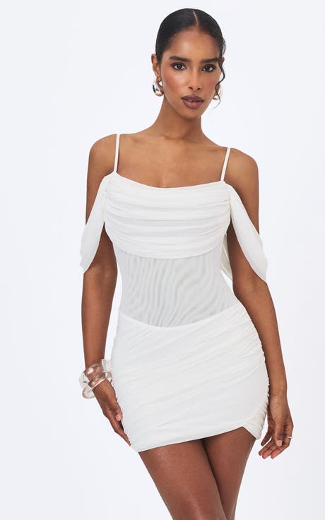 Umnia Mesh Off-Shoulder Drape Mini Dress