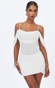 Miss Circle Umnia Mesh Off-Shoulder Drape Mini Dress