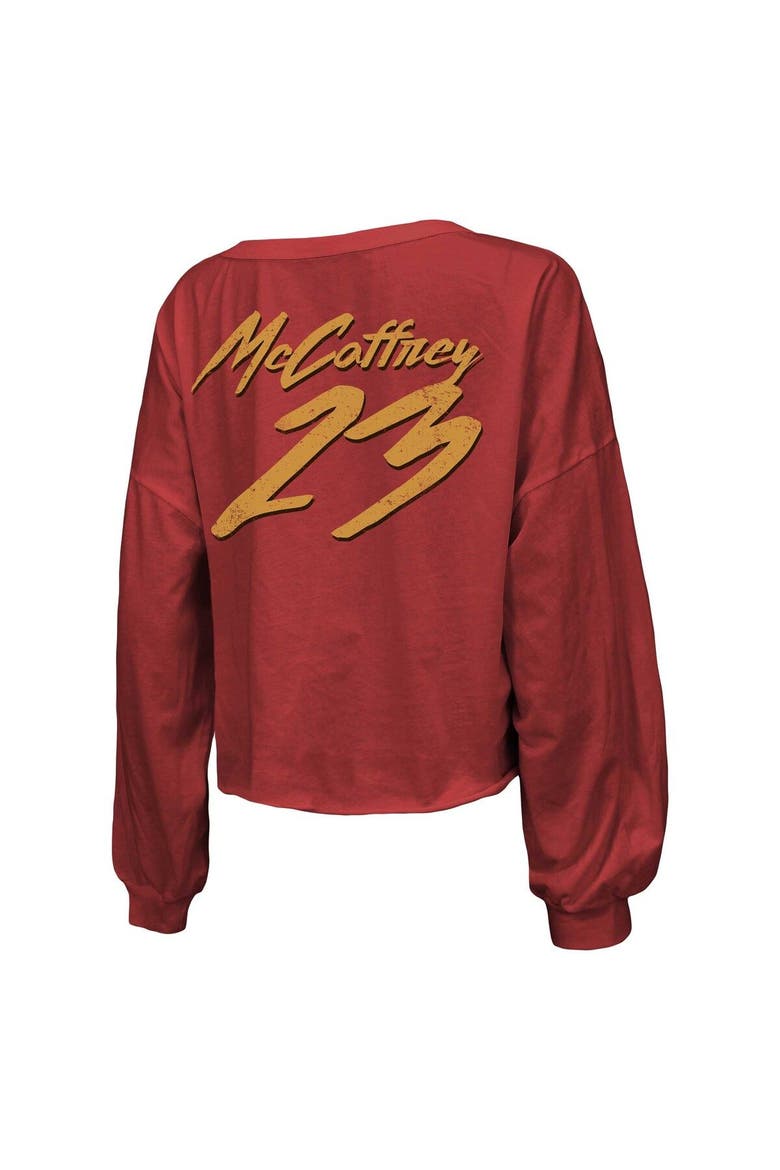 Women's Majestic Threads Christian McCaffrey Scarlet San Francisco 49ers Name & Number Off-Shoulder Script Cropped Long Sleeve V-Neck T-Shirt, Alternate, color, Scarlet