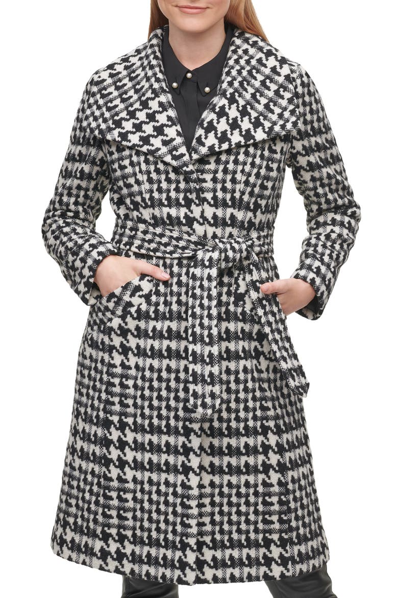 Wool Belted Wrap Coat, Alternate, color, BLACK/ WHITE