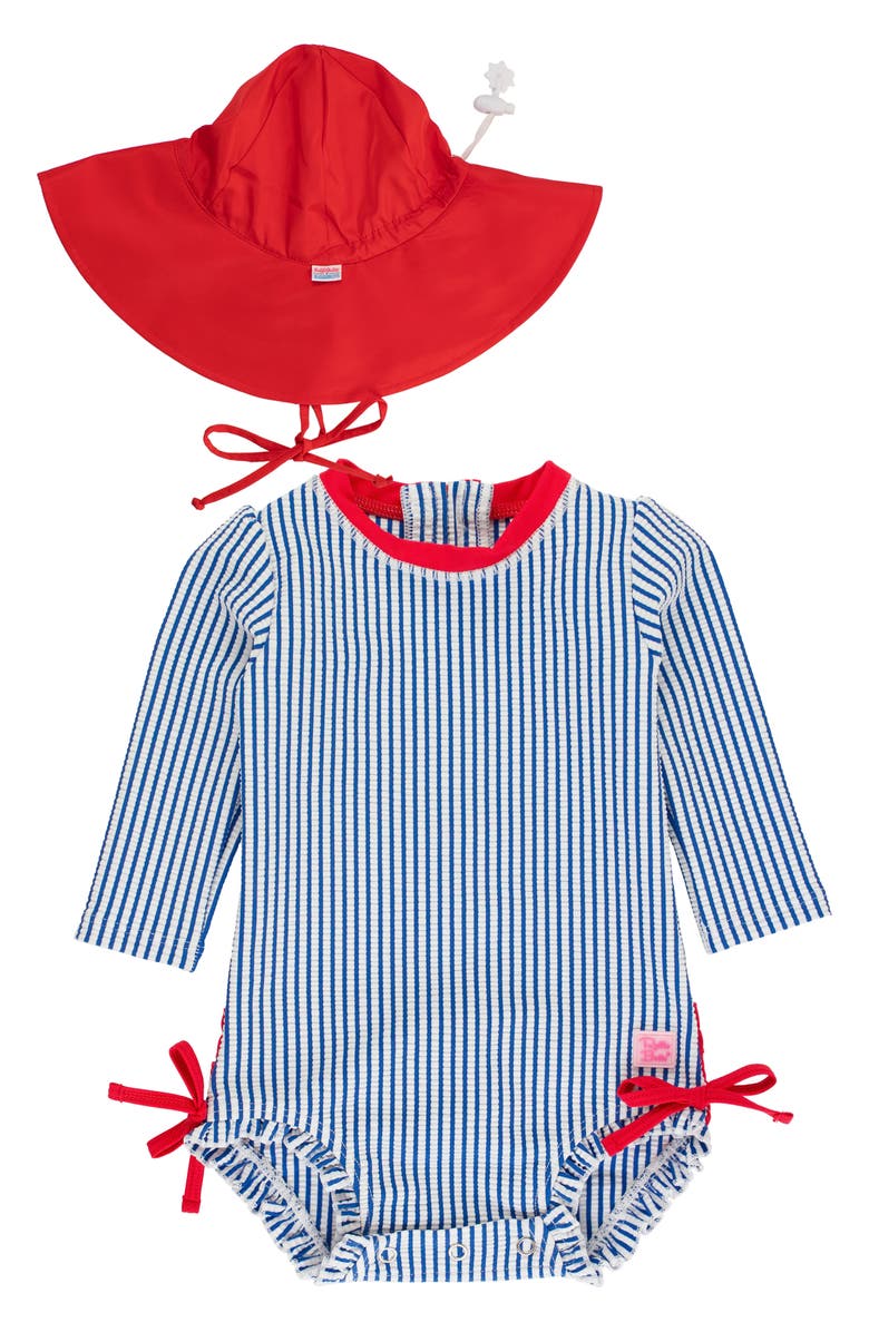 RuffleButts Seersucker One-Piece Rashguard Swimsuit & Sun Hat Set, Main, color, Blue