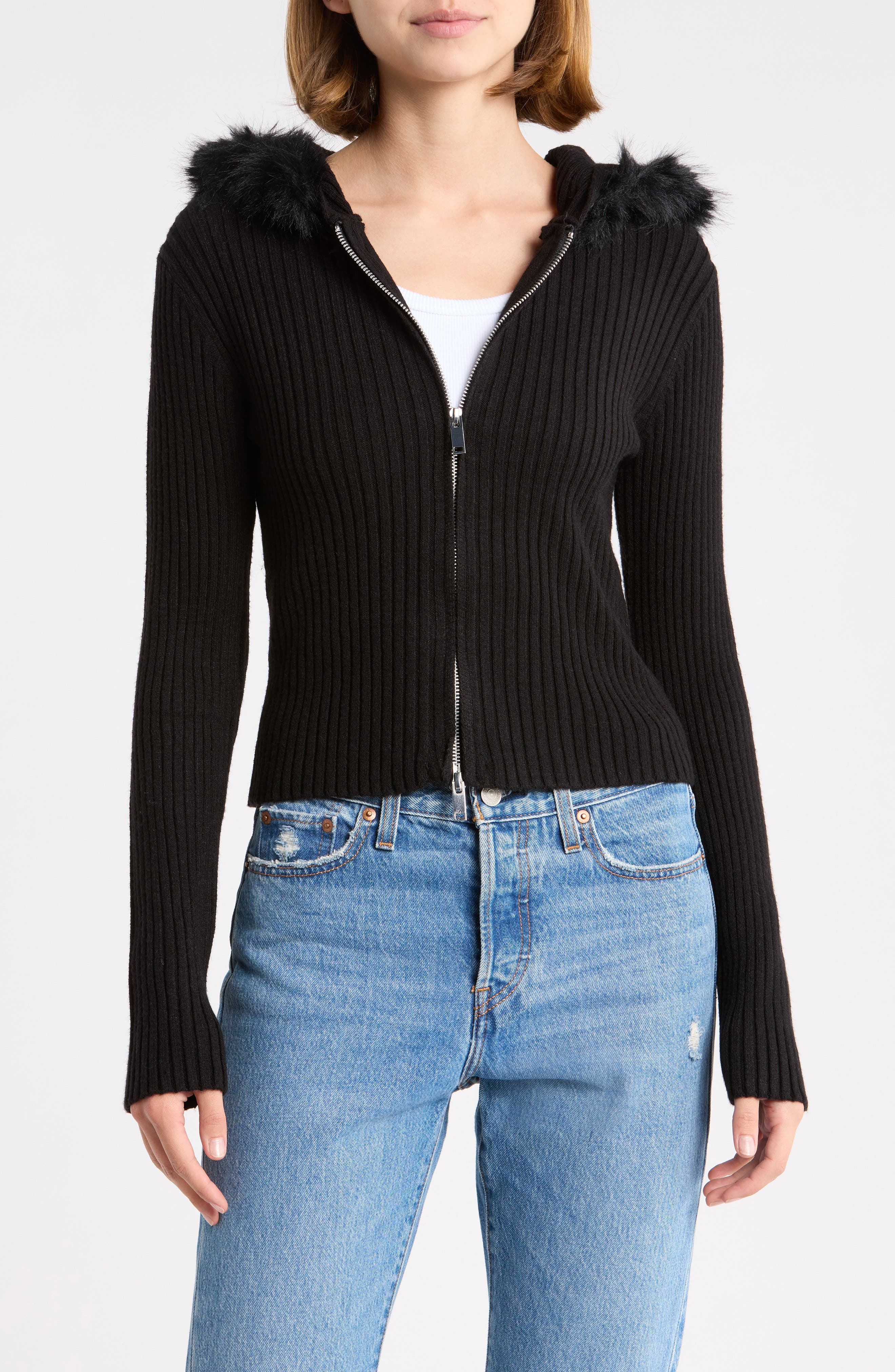 Faux Fur Trim Hooded Cardigan