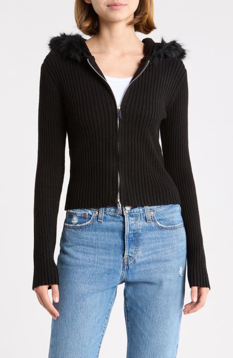 Faux Fur Trim Hooded Cardigan