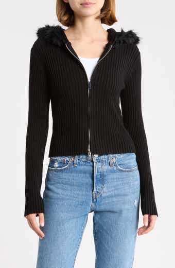 Faux Fur Trim Hooded Cardigan