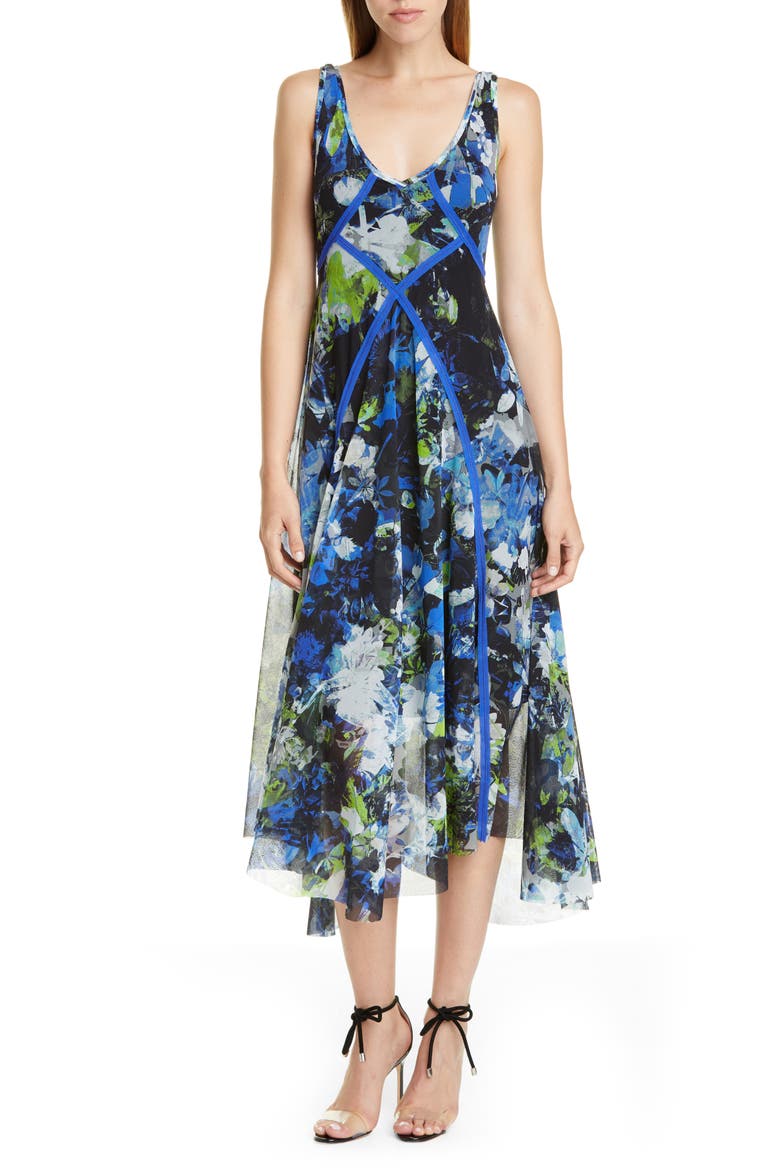 Floral Print Asymmetrical Midi Dress, Main, color, NERO