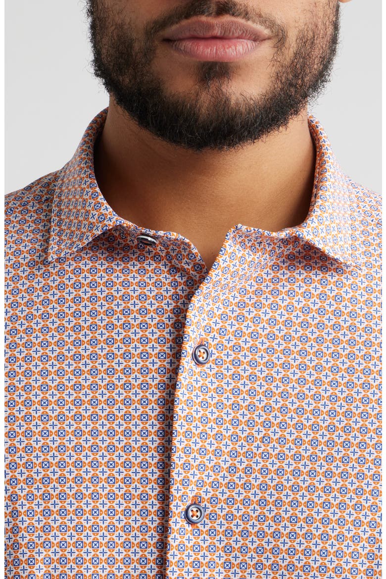 XC+™ Motion Geo Print Short-Sleeve Performance Knit Button-Up Shirt, Alternate, color, ORANGE QUAD GRID