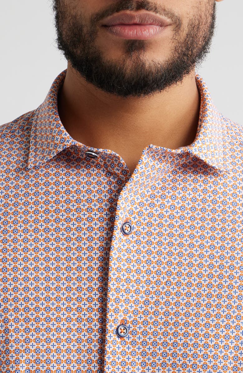 Johnston & Murphy XC+<sup>™</sup> Motion Geo Print Short-Sleeve Performance Knit Button-Up Shirt, Alternate, color, Orange Quad Grid