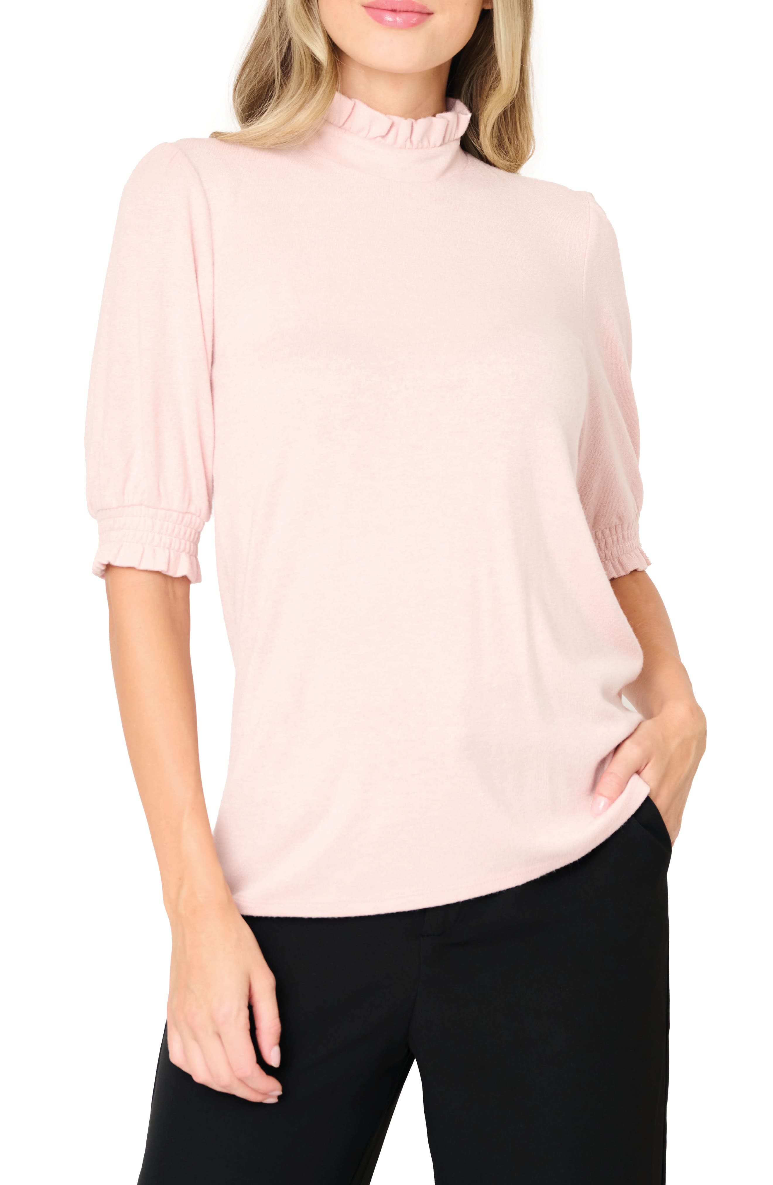 GIBSONLOOK Ruffle Mock Neck Puff Sleeve Sweater in Pink Smoke 