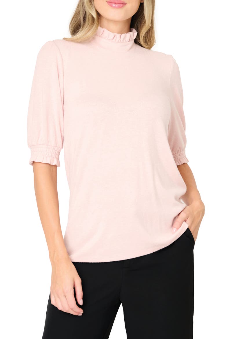 Ruffle Mock Neck Puff Sleeve Sweater, Main, color, PINK SMOKE