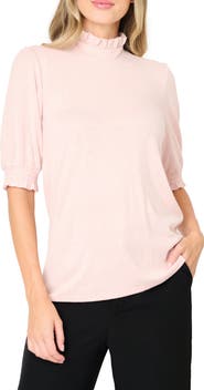 GIBSONLOOK Ruffle Mock Neck Puff Sleeve Sweater