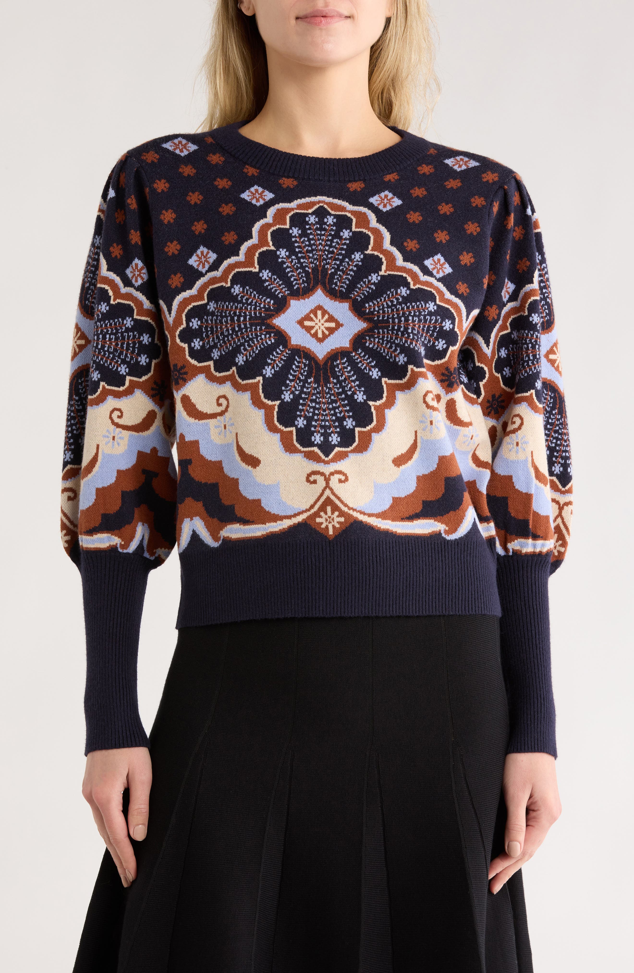 T Tahari Puff Sleeve Floral Jacquard Sweater