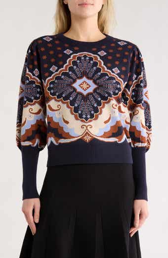 T Tahari Puff Sleeve Floral Jacquard Sweater