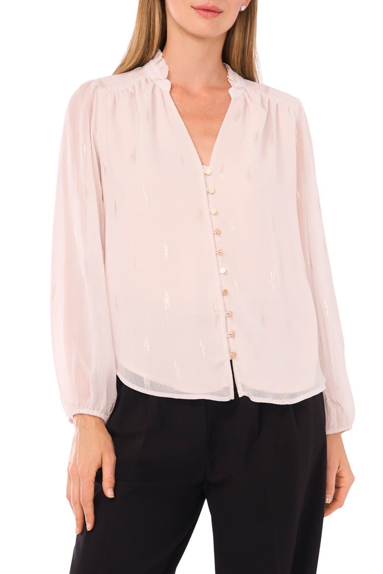 Ruffle V-Neck Button-Up Shirt, Main, color, SIROCCO GREY