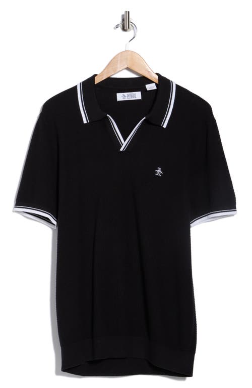 Original Penguin Textured Johnny Collar Cotton Polo In Black