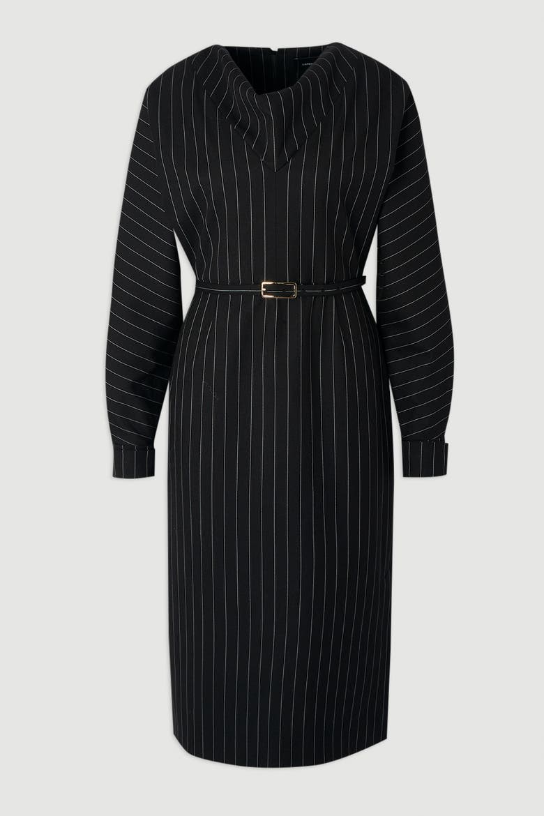 Pinstripe Cowl Neck Midi Dress, Alternate, color, Black