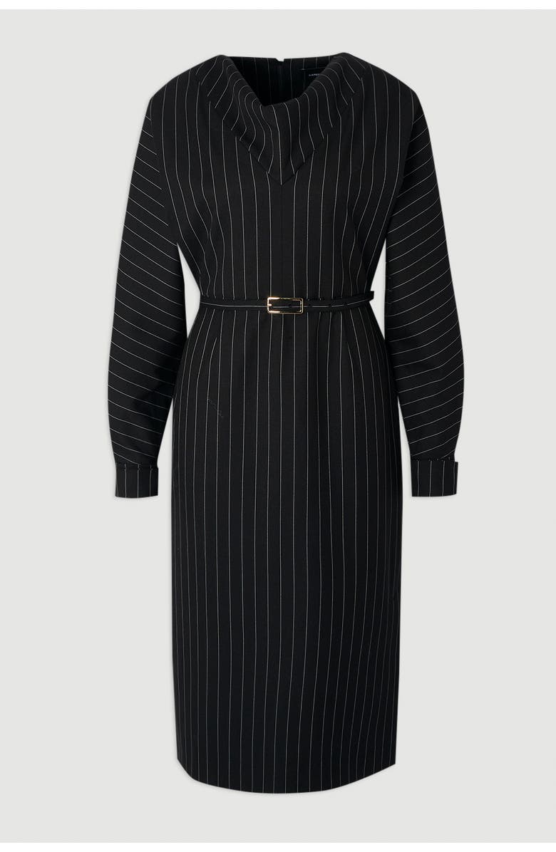 Karen Millen Pinstripe Cowl Neck Midi Dress, Alternate, color, Black