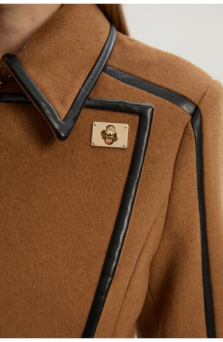 Karen Millen Wool PU Belted Midi Coat, Alternate, color, Camel