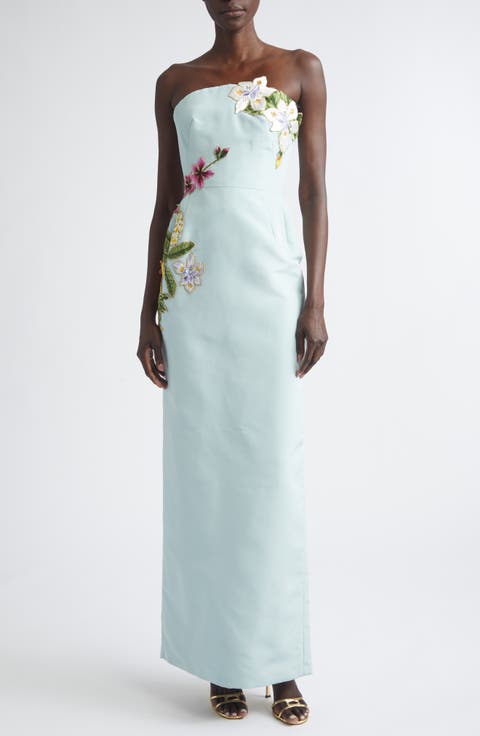 Mixed Botanical Strapless Silk Faille Gown