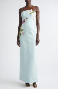 Oscar de la Renta Mixed Botanical Strapless Silk Faille Gown
