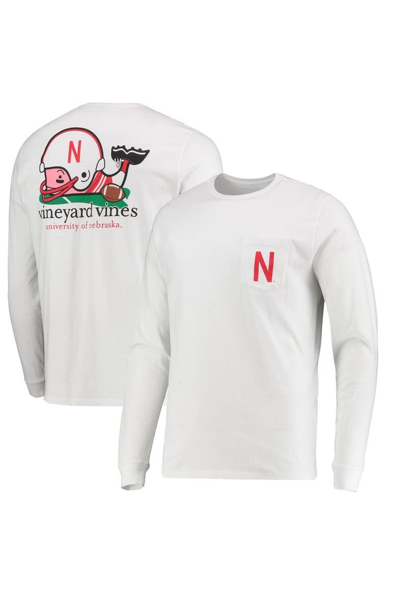 Men's Vineyard Vines White Nebraska Huskers Football Whale Long Sleeve T-Shirt, Main, color, White