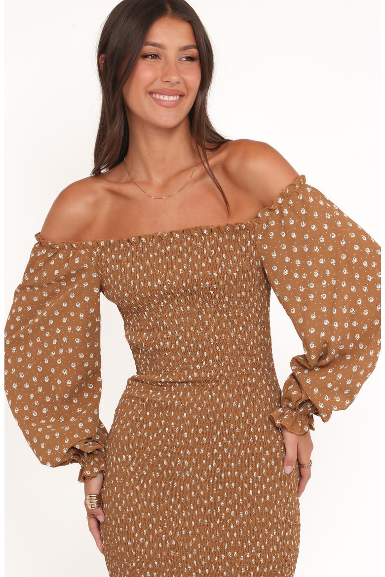 Sara Smocked Off the Shoulder Long Sleeve Body-Con Midi Dress, Alternate, color, BROWN FLORAL