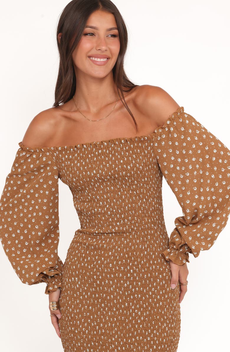 Petal & Pup Sara Smocked Off the Shoulder Long Sleeve Body-Con Midi Dress, Alternate, color, Brown Floral