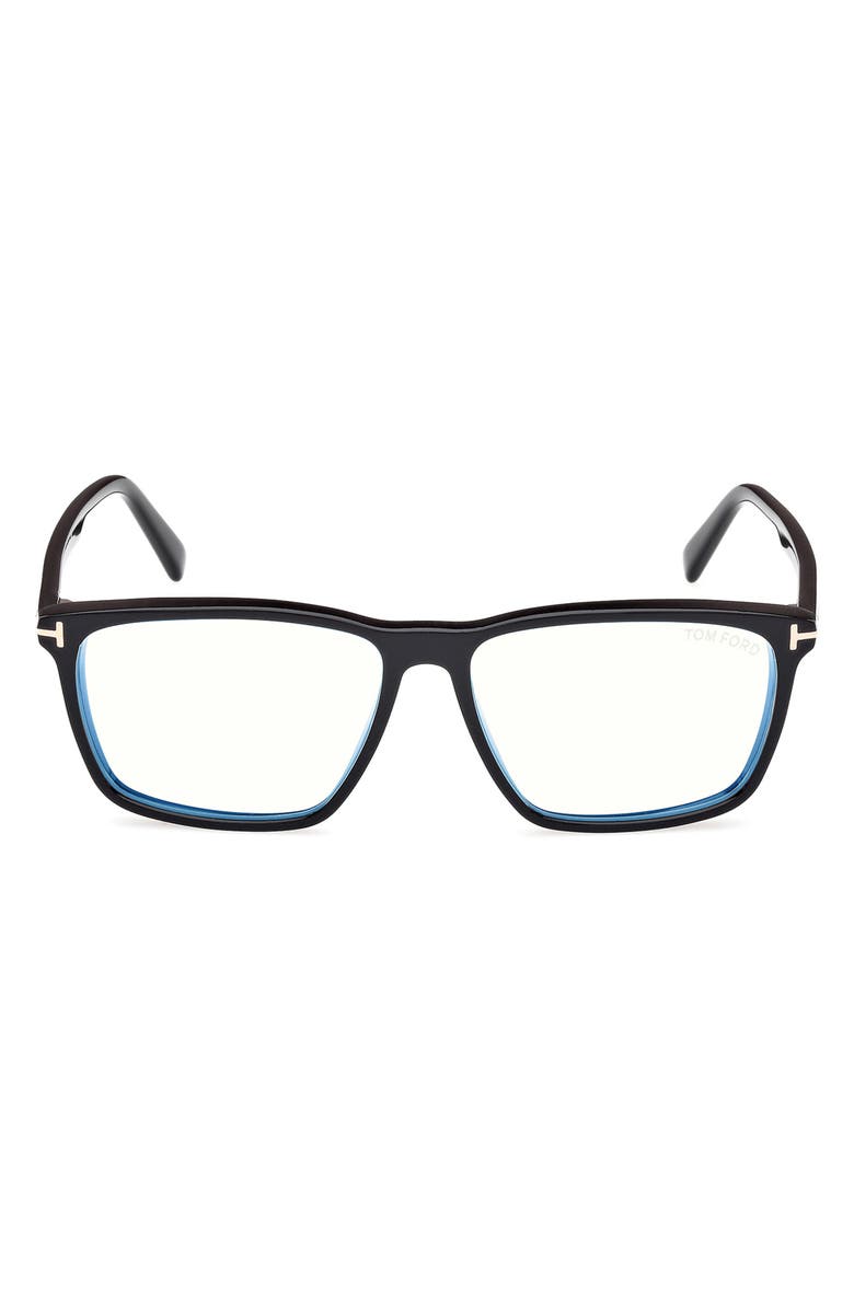 TOM FORD 56mm Square Blue Light Blocking Glasses, Main, color, Black Eco / T Logo