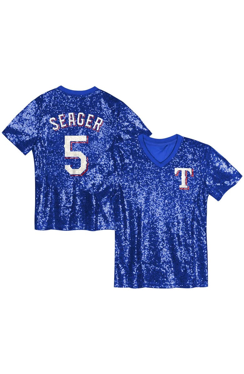 Outerstuff Juniors Corey Seager Royal Texas Rangers Name & Number Sequin V-Neck Top, Main, color, 