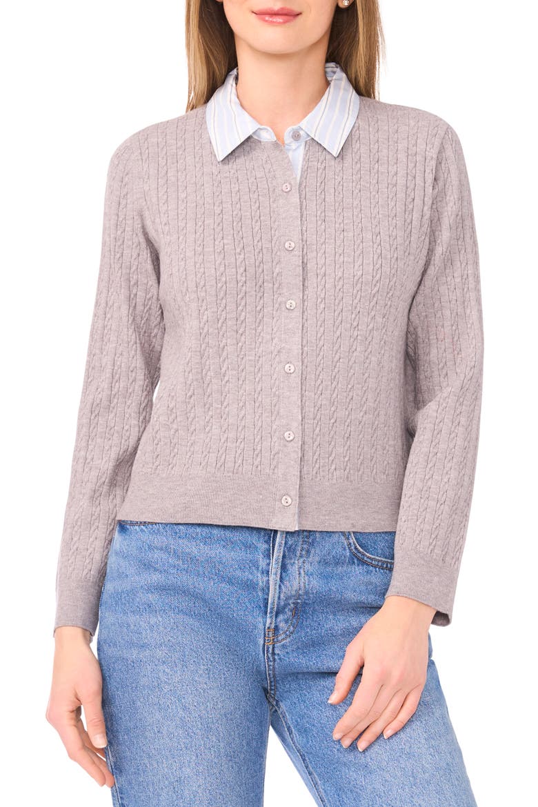 Stripe Collar Twofer Cardigan, Main, color, LIGHT HEATHER GREY