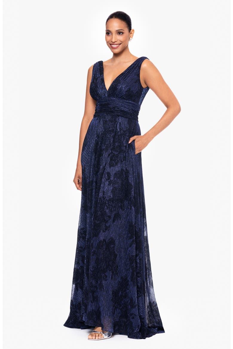 Flock Floral Metallic Crinkle Gown, Alternate, color, NAVY/ BLACK
